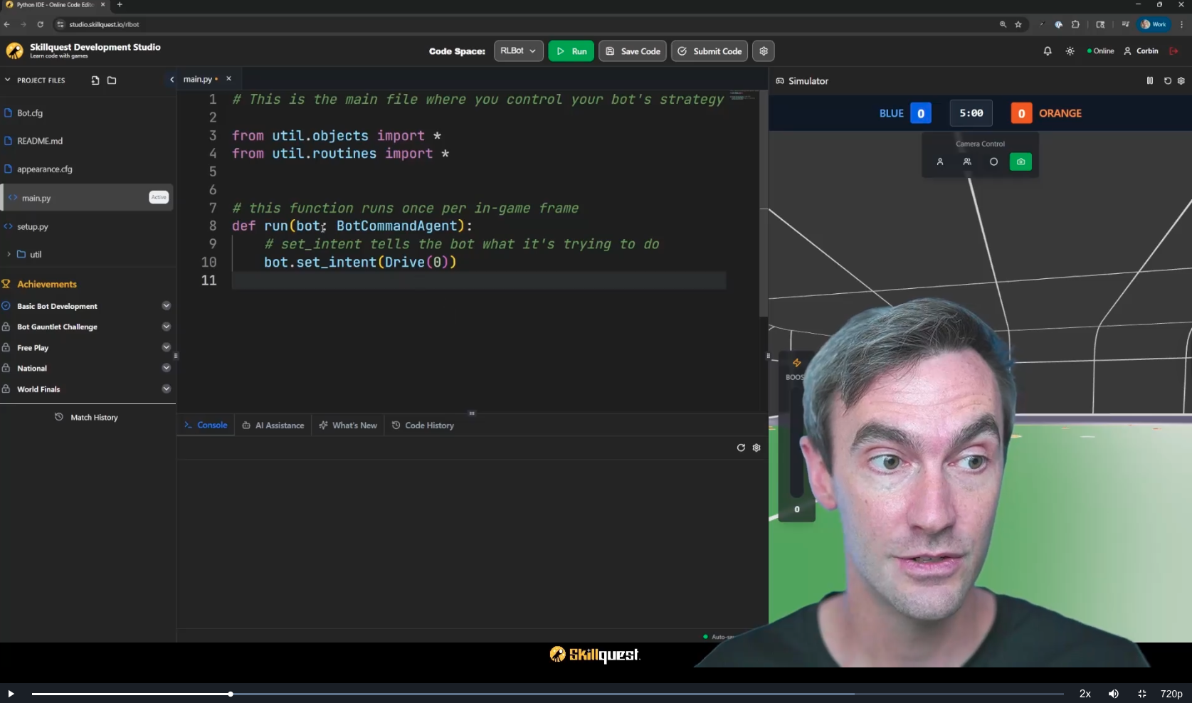 Skillquest online IDE — students coding their Rocket League bot